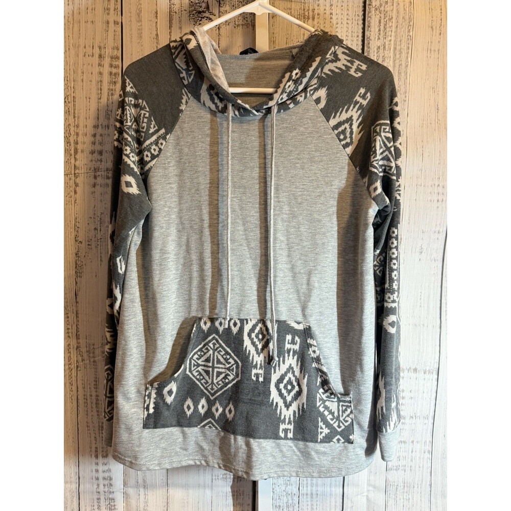 1 Clique Women’s Long Sleeve Hooded Top Small Aztec Western Grey Print